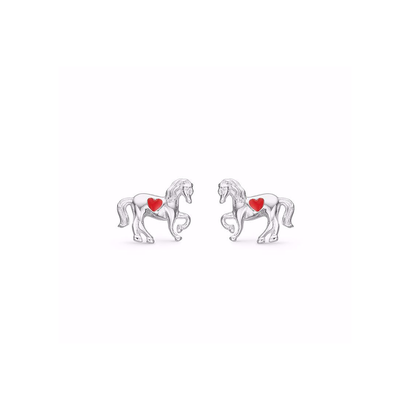 Horse Earstuds in silver with red heart