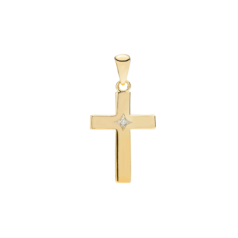 Lund - Polished gold cross with diamond, 16x11mm