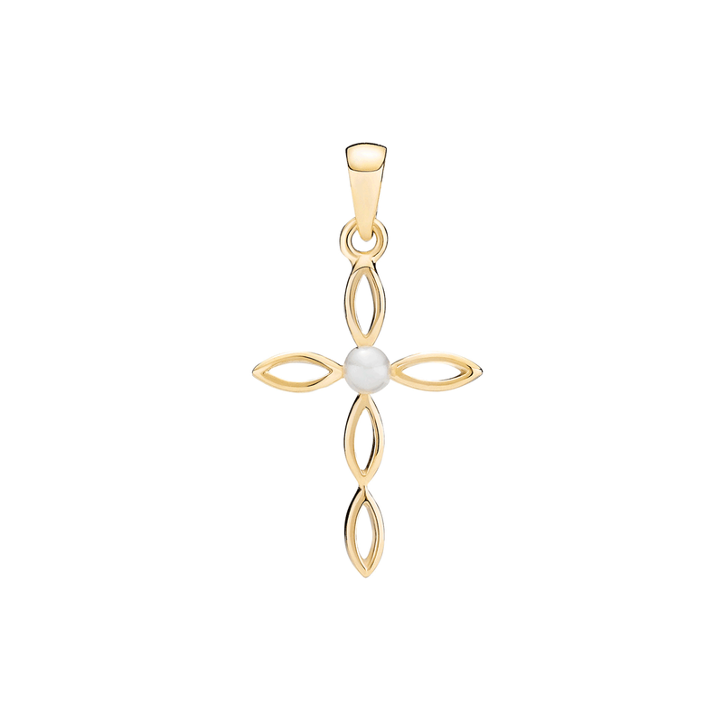 Lund - Open gold cross with white pearl